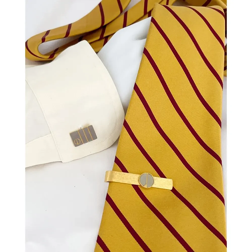 DUNHILL Vintagex Silver Gold Two Tone Lined Logo Rectangular Cufflinks 2 Tie Bar